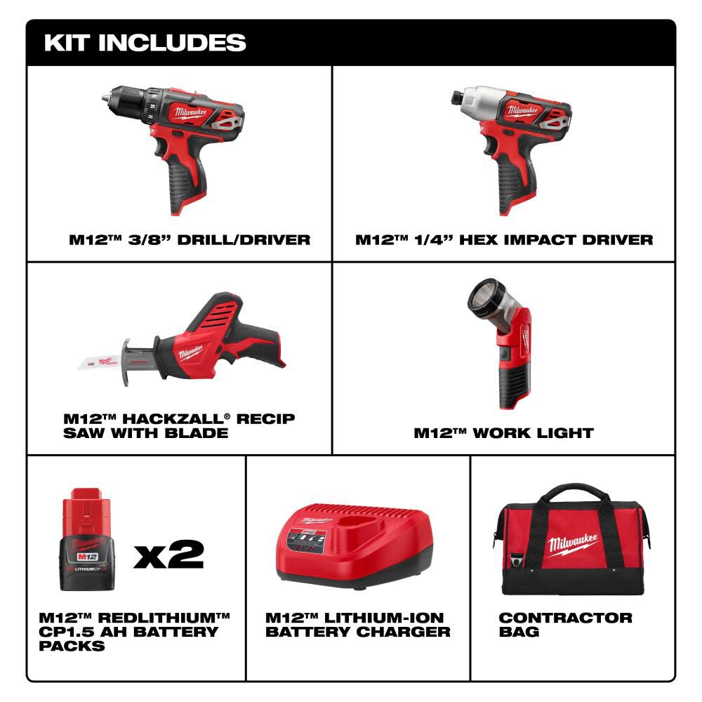 M12 Cordless Lithium-Ion 4 Tool Combo Kit 2498-24