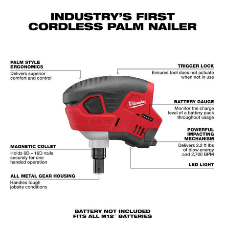 M12 Cordless Lithium-Ion Palm Nailer (Bare Tool) 2458-20