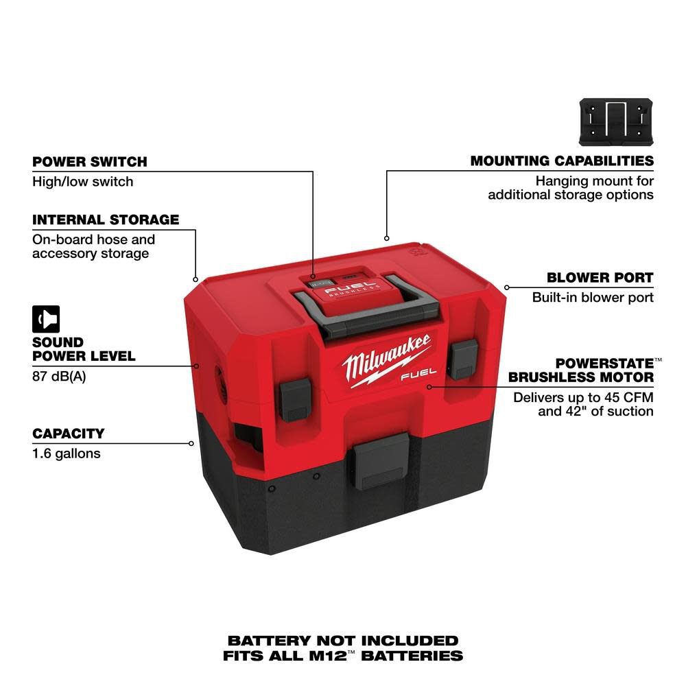 M12 FUEL 1.6 Gallon Wet/Dry Vacuum (Bare Tool) 0960-20