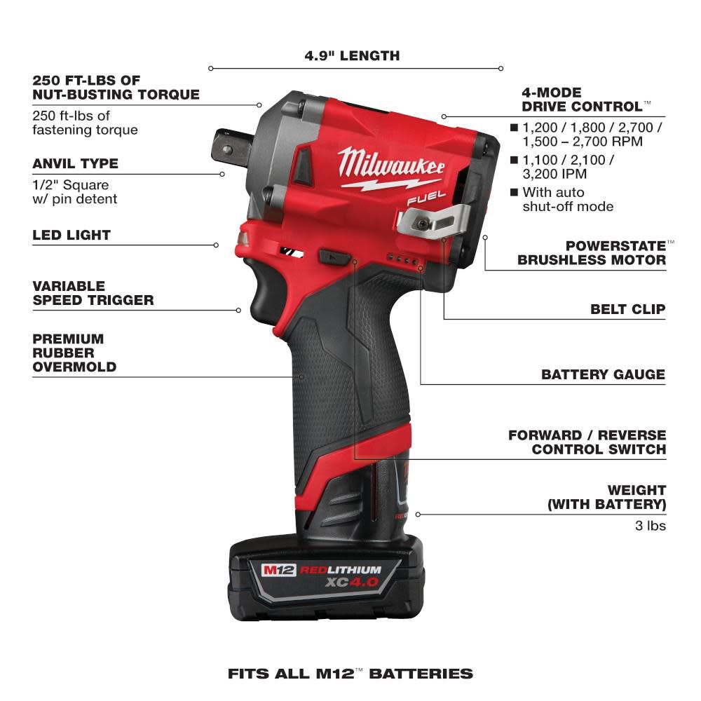 M12 FUEL Stubby 1/2 in. Pin Impact Wrench Kit 2555P-22