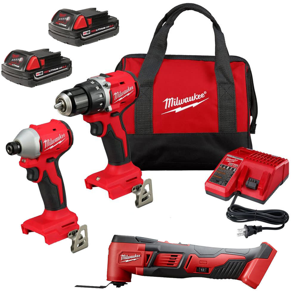 M18 1/2 Inch Drill Driver, 1/4 Inch Impact Driver & Multi-Tool Saw Kit Bundle 3692-22CT-2626-20