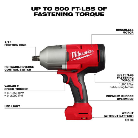 M18 Brushless 1/2 in High Torque Impact Wrench with Friction Ring (Bare Tool) 2666-20