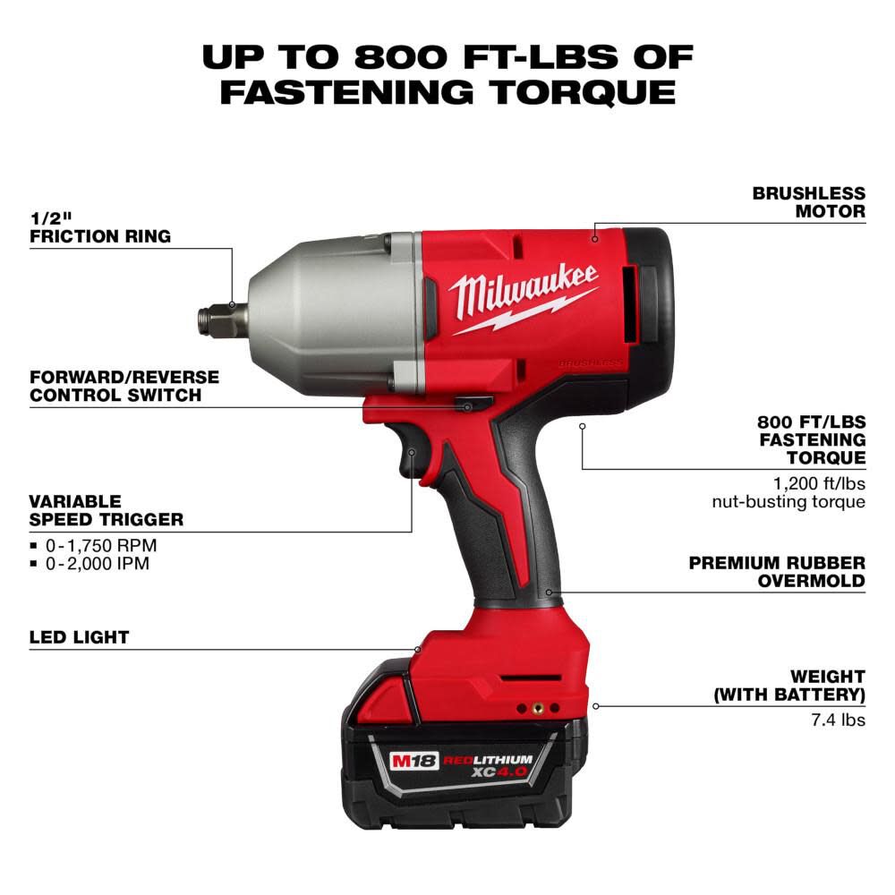 M18 Brushless 1/2 in High Torque Impact Wrench with Friction Ring Kit 2666-21B