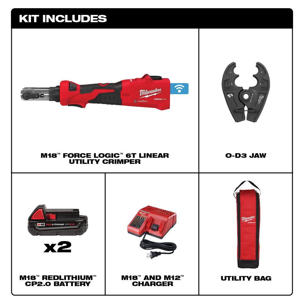 M18 FORCE LOGIC 6T Linear Utility Crimper Kit with O-D3 Jaw 2978-22O