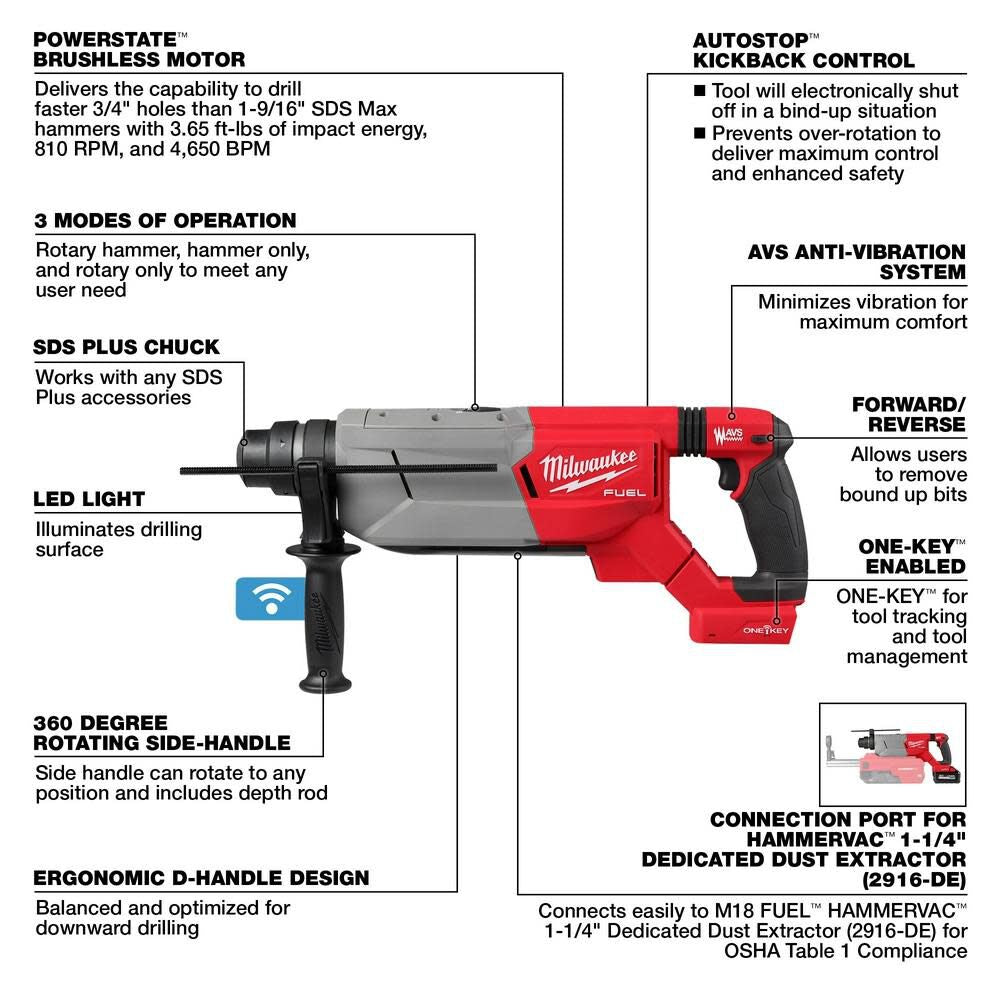 M18 FUEL 1 1/4inch SDS Plus D Handle Rotary Hammer (Bare Tool)with ONE KEY 2916-20