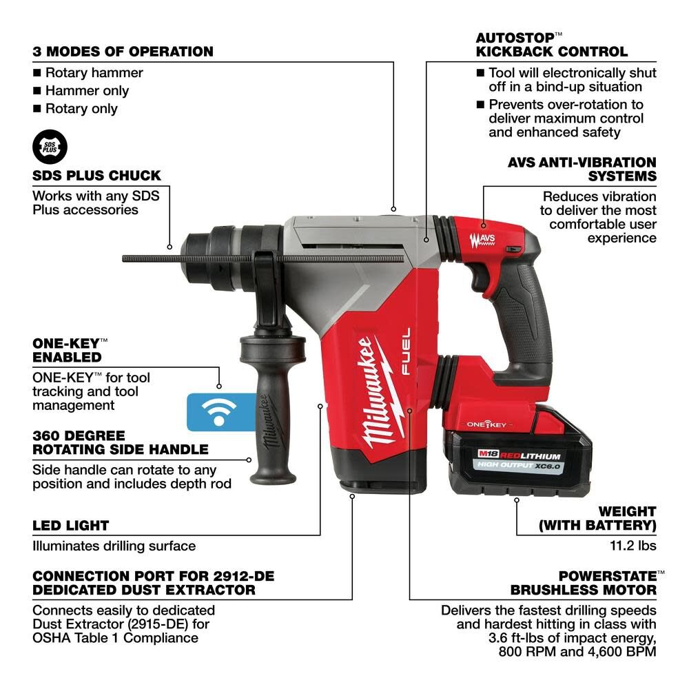 M18 FUEL 1 1/8inch SDS Plus Rotary Hammer ONE-KEY Dust Extractor Kit 2915-22DE