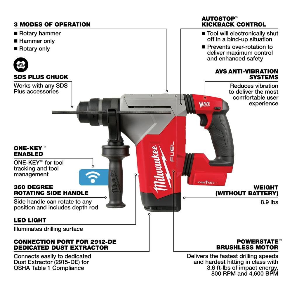 M18 FUEL 1 1/8inch SDS Plus Rotary Hammer with ONE KEY (Bare Tool) 2915-20