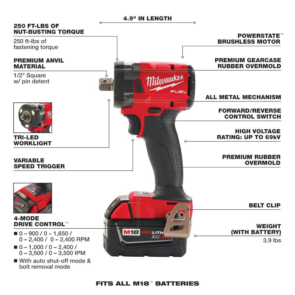 M18 FUEL 1/2 Compact Impact Wrench with Pin Detent Kit 2855P-22