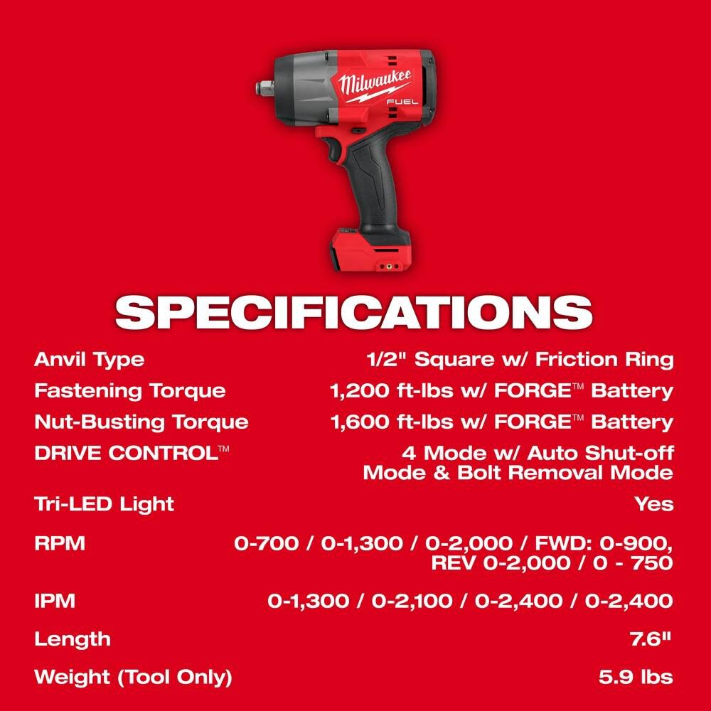 M18 FUEL 1/2 in High Torque Impact Wrench with Friction Ring (Bare Tool) 2967-20