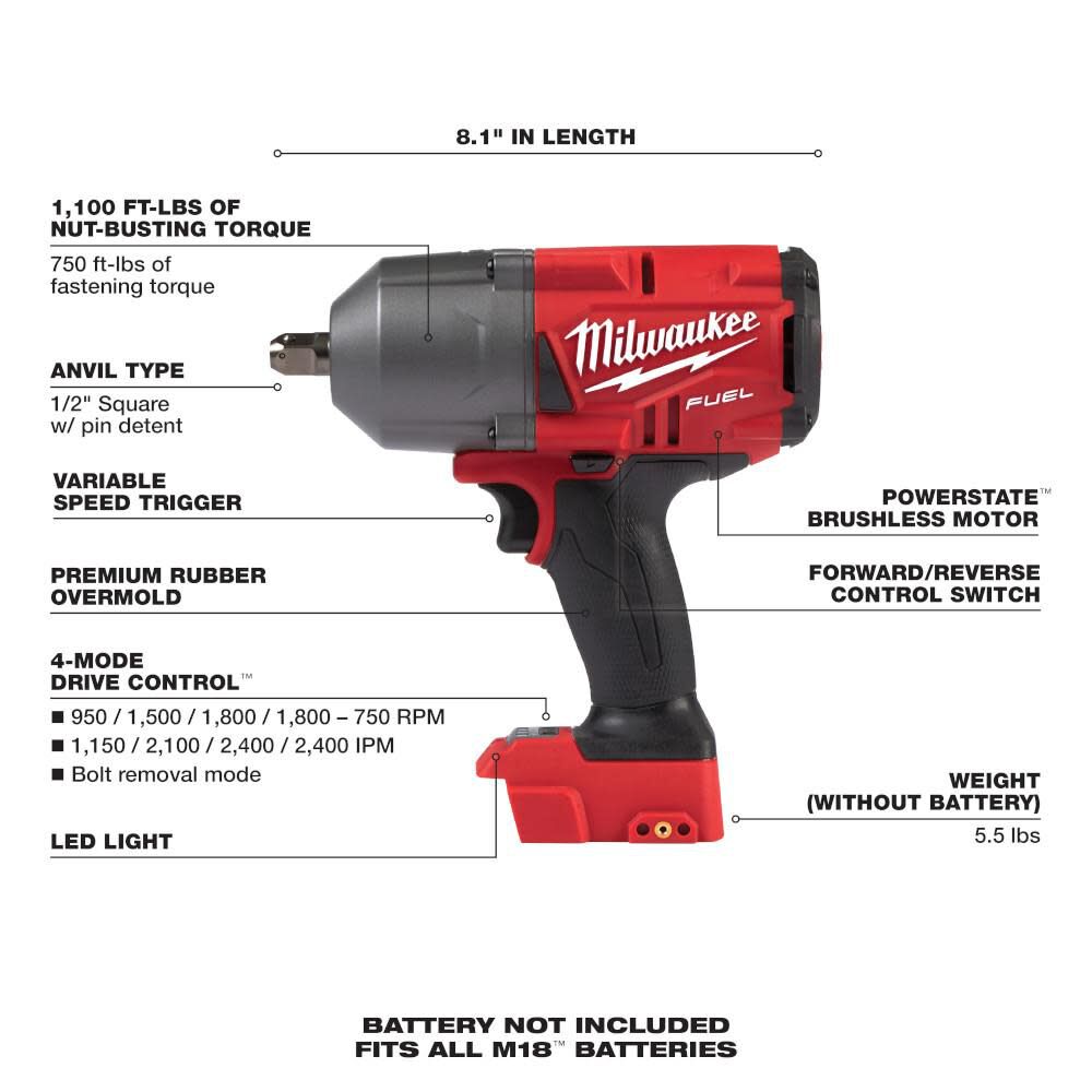 M18 FUEL 1/2 in. High Torque Impact Wrench with Pin Detent (Bare Tool) 2766-20