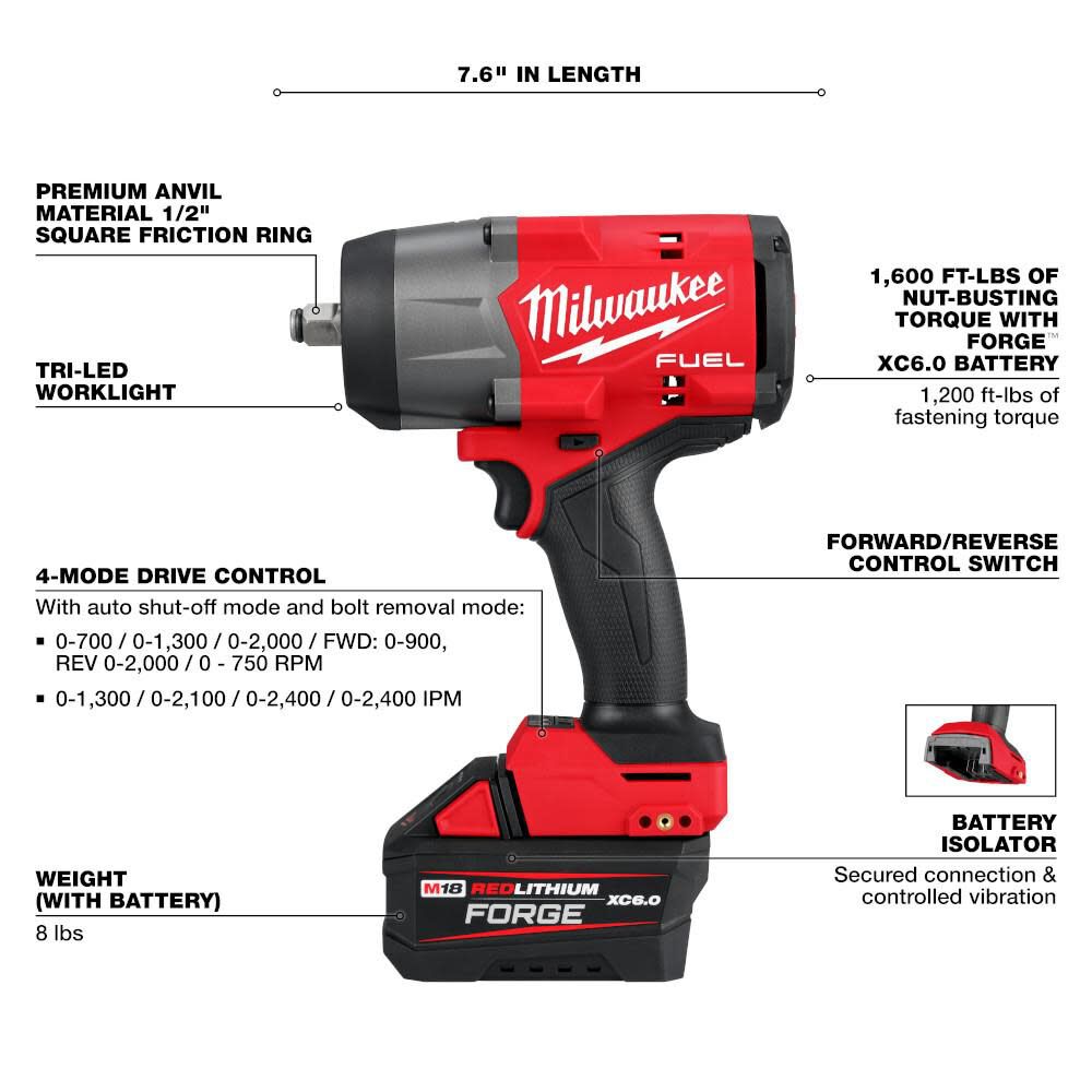 M18 FUEL 1/2in High Torque Impact Wrench with Friction Ring REDLITHIUM FORGE Kit 2967-21F