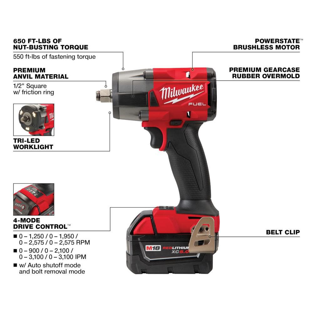 M18 FUEL 1/2inch Mid Torque Impact Wrench with Friction Ring Kit 2962-22R