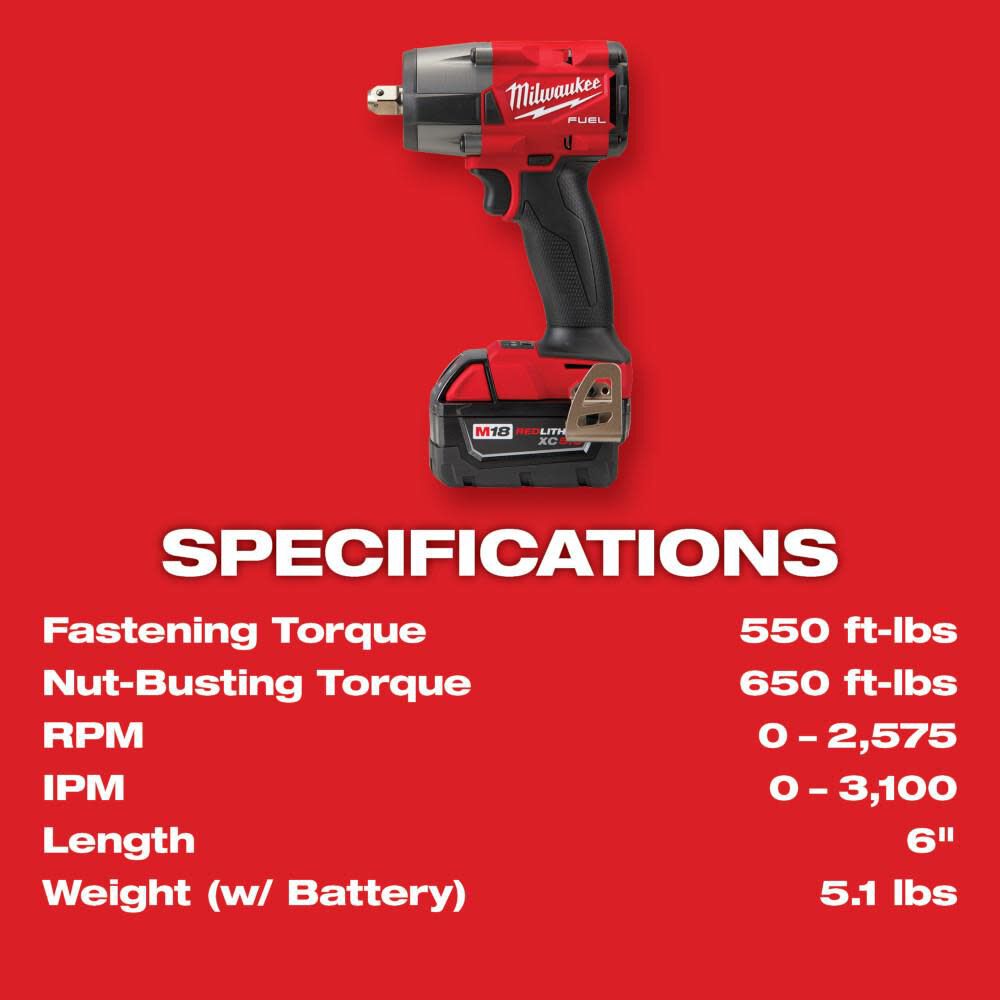 M18 FUEL 1/2inch Mid-Torque Impact Wrench with Pin Detent Kit 2962P-22R