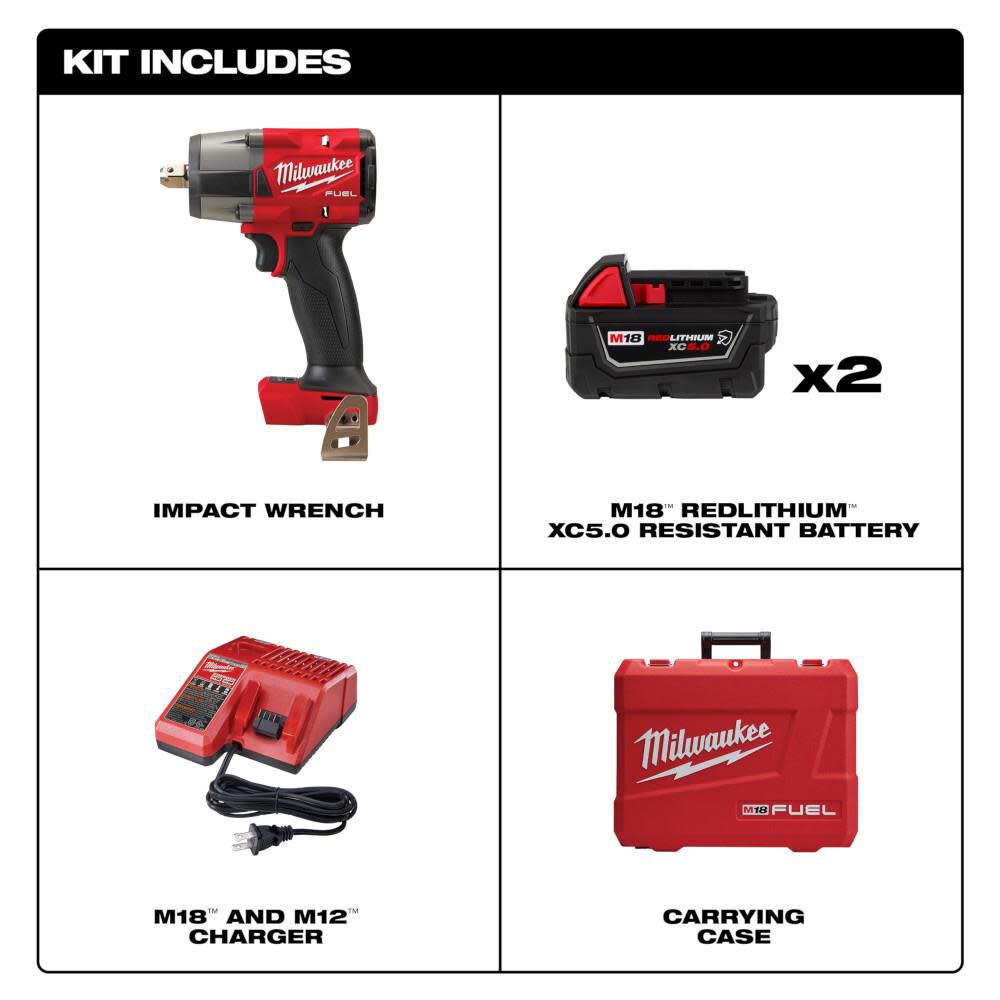 M18 FUEL 1/2inch Mid-Torque Impact Wrench with Pin Detent Kit 2962P-22R