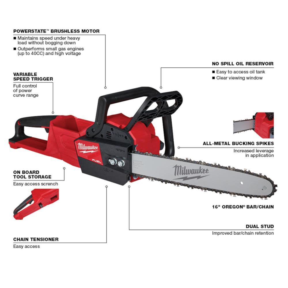 M18 FUEL 16 in Chainsaw (Bare Tool) with 16 in Replacement Chain Bundle 2727-20-49-16-2715