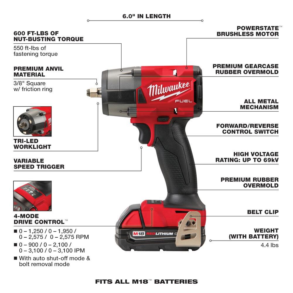 M18 FUEL 3/8 Mid-Torque Impact Wrench with Friction Ring CP2.0 Kit 2960-22CT