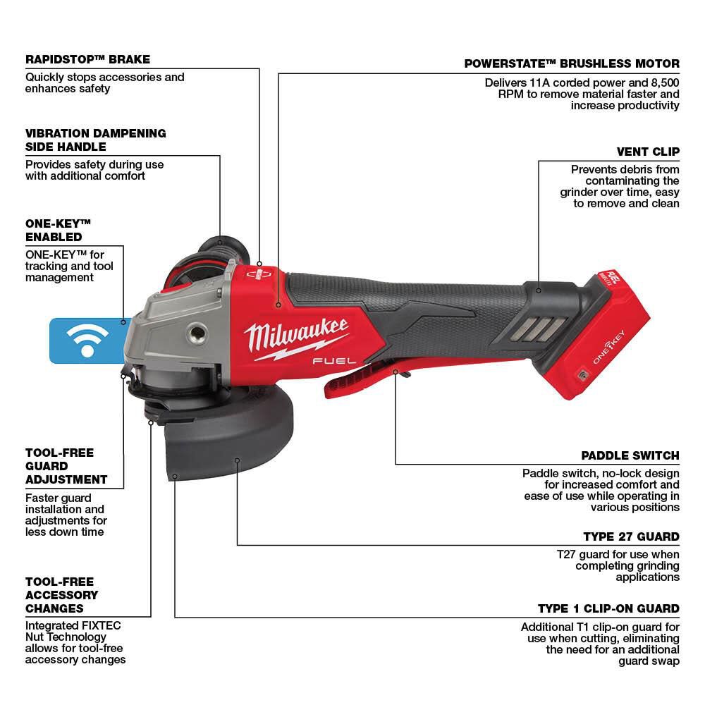 M18 FUEL 4 1/2inch / 5inch Braking Grinder Paddle Switch No Lock Bare Tool 2882-20