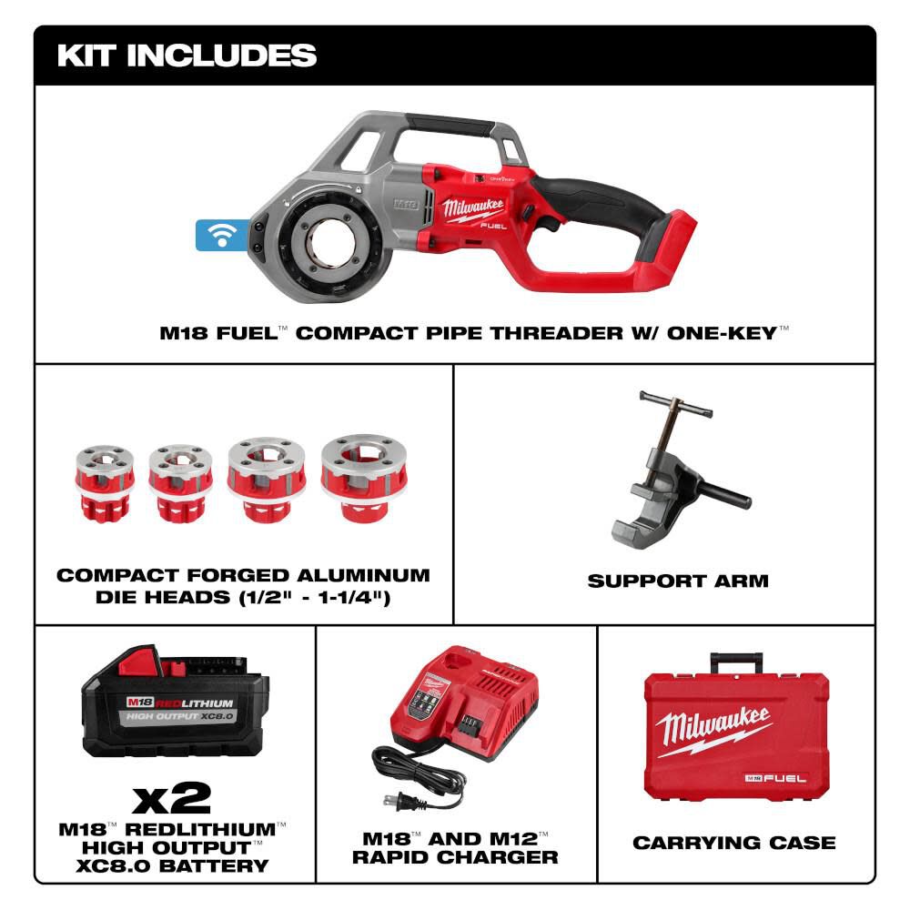 M18 FUEL Compact Pipe Threader ONE KEY with 1/2inch - 1 1/4inch Die Heads 2870-22