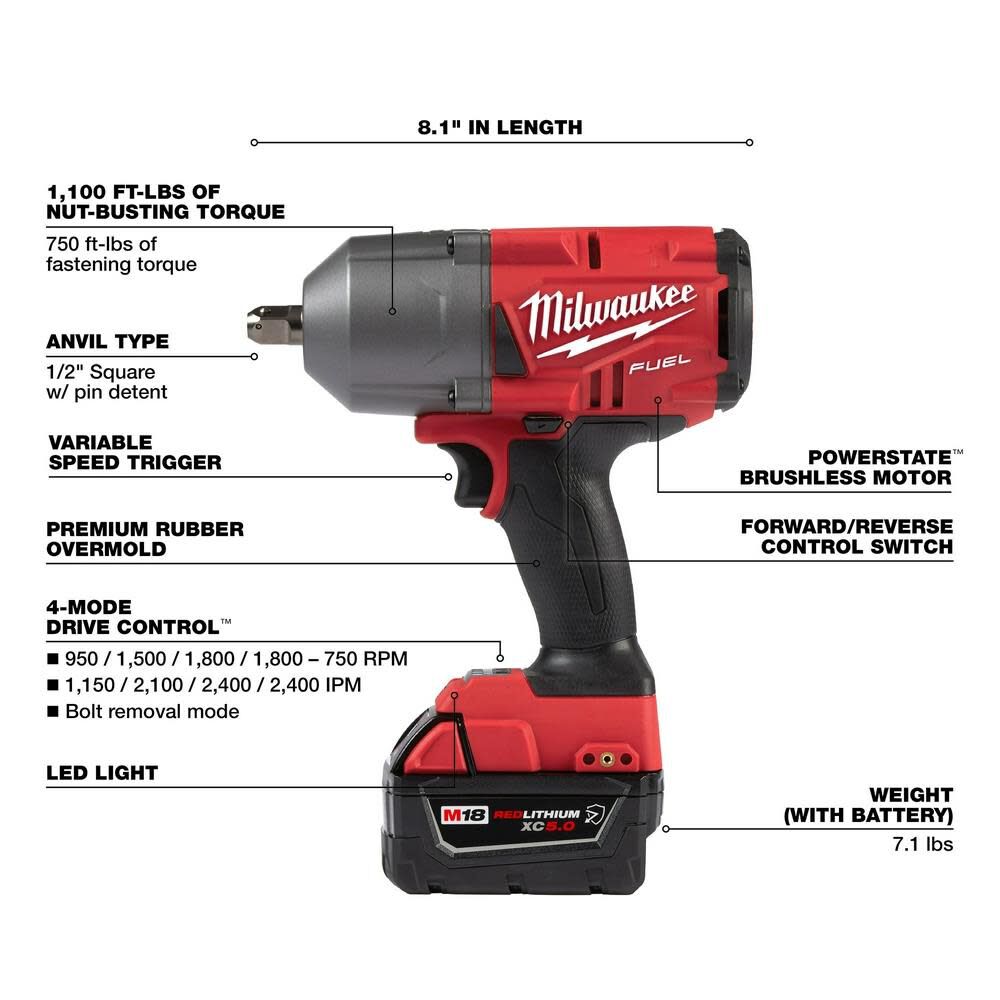 M18 FUEL High Torque 1/2 Impact Wrench with Pin Detent Kit 2766-22R