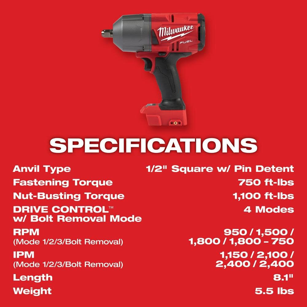 M18 FUEL High Torque 1/2 Impact Wrench with Pin Detent Kit 2766-22R