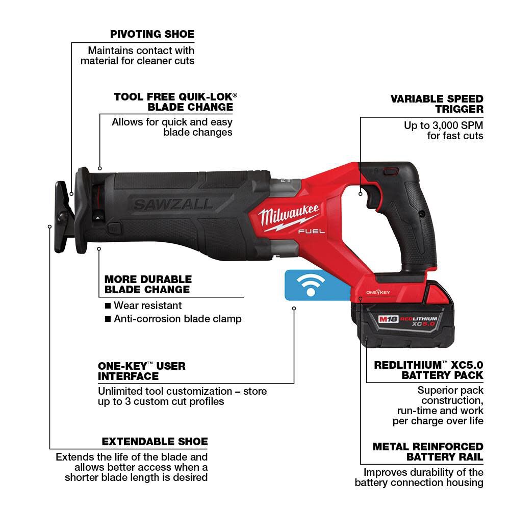 M18 FUEL SAWZALL Reciprocating Saw with ONE-KEY - 2 Battery XC5.0 Kit 2822-22