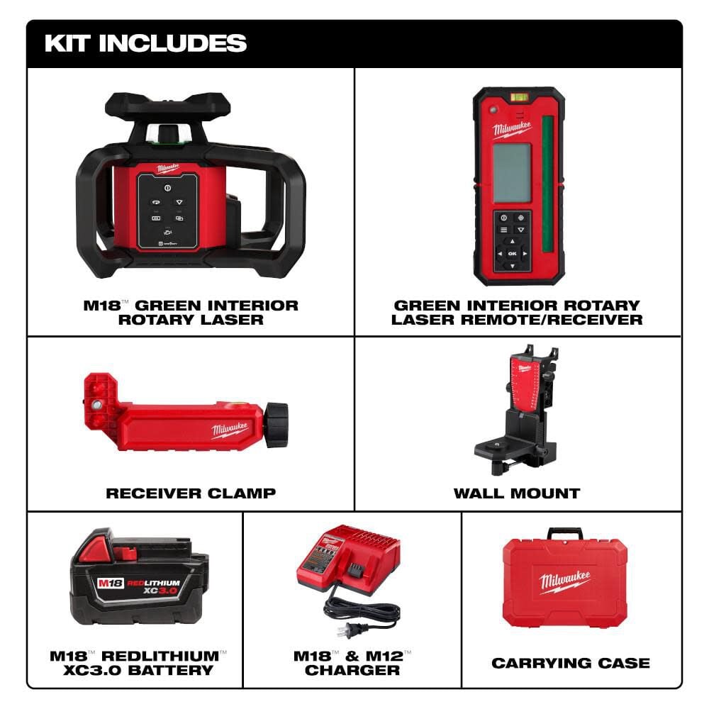 M18 Green Interior Rotary Laser Level Kit with Remote/Receiver & Wall Mount Bracket 3702-21