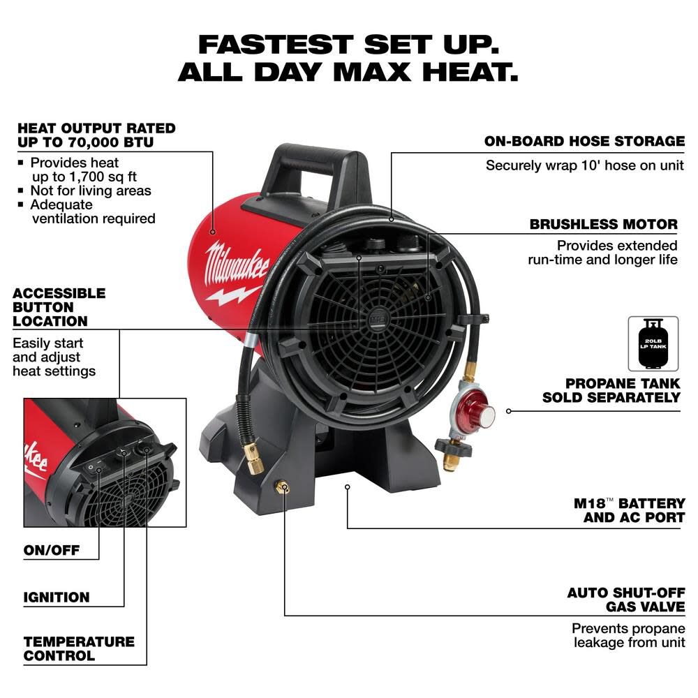 M18 Propane Heater Forced Air 70000 BTU (Bare Tool) 0801-20