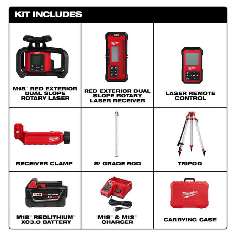 M18 Red Exterior Dual Slope Rotary Laser Level Kit with Receiver, Remote, Grade Rod & Tripod 3704-21T