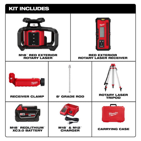 M18 Red Exterior Rotary Laser Level Kit with Receiver, Tripod, & Grade Rod 3701-21T