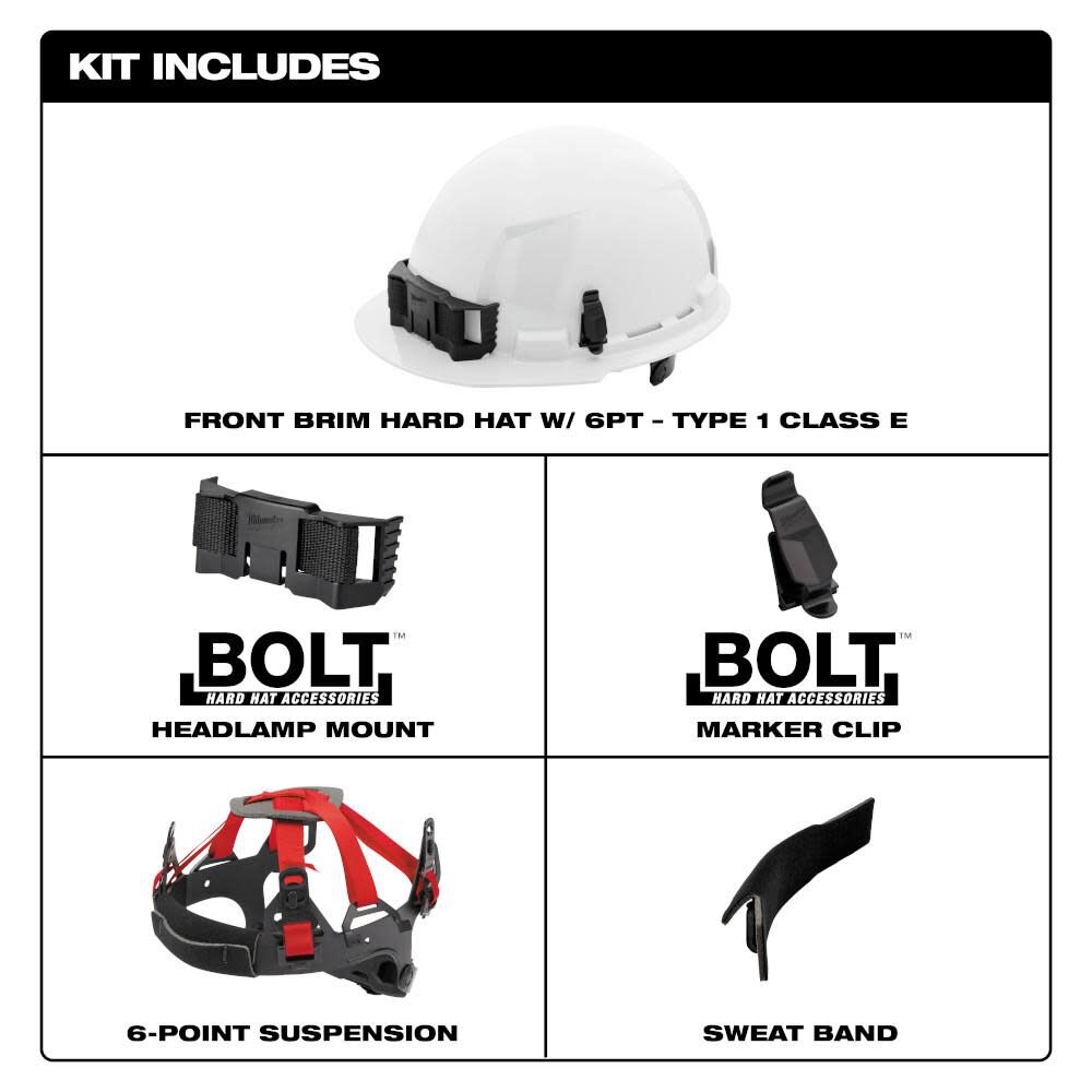 Milwaukee White Front Brim Hard Hat with 6pt Ratcheting Suspension Type 1 Class E 48-73-1120M910