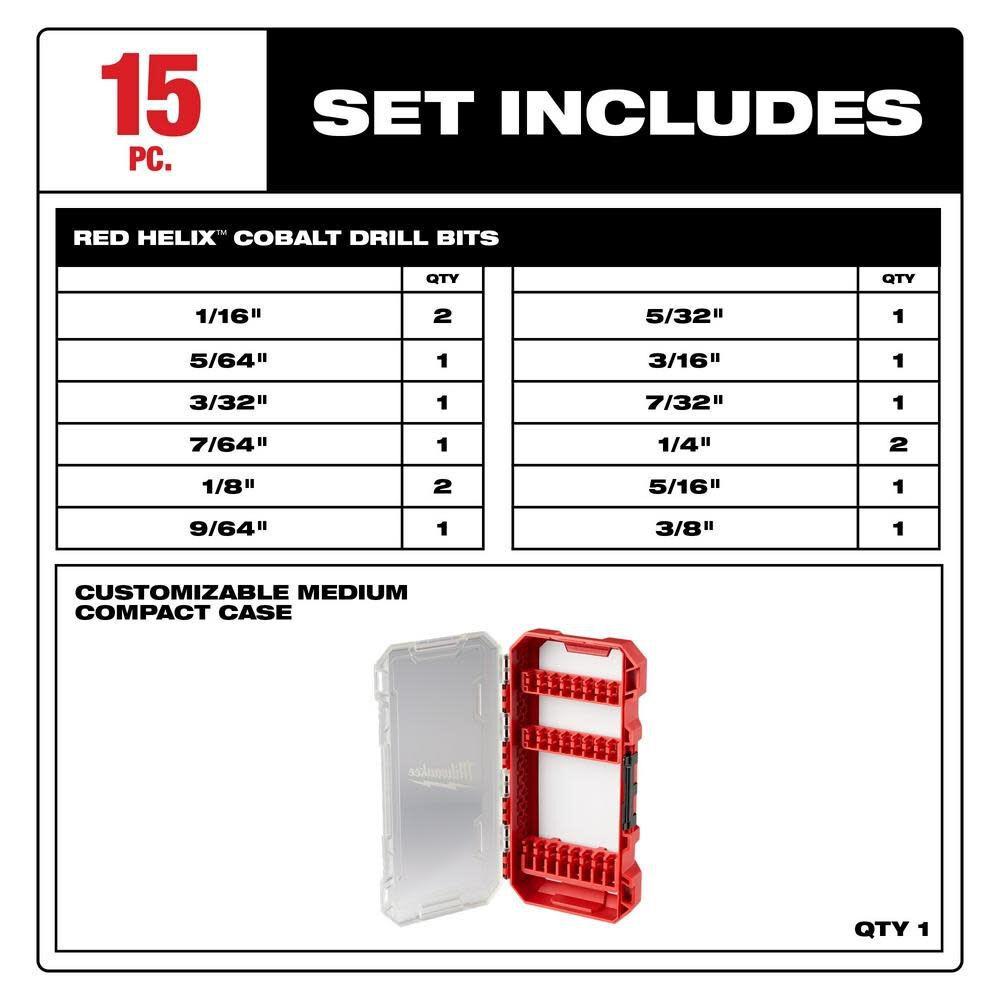 RED HELIX Cobalt Drill Bit Set 15pc 48-89-2370