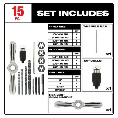 SAE Tap and Die 15pc Set with Hex-LOK 2-in-1 Handle 49-22-5602