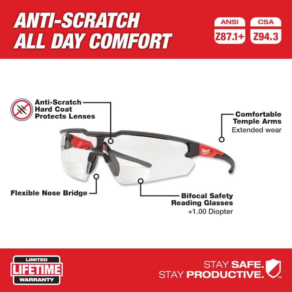 Safety Glasses - +1.00 Magnified Clear Anti-Scratch Lenses 48-73-2200