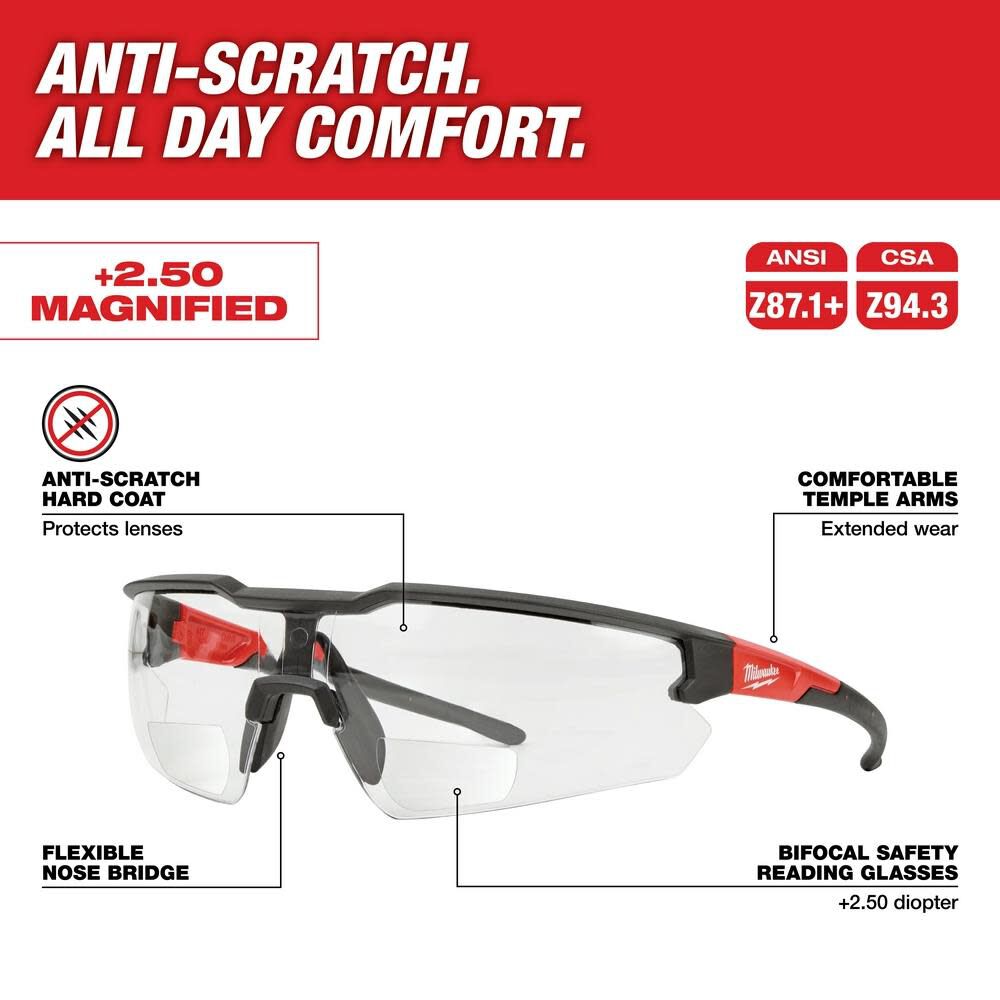 Safety Glasses - +2.50 Magnified Clear Anti-Scratch Lenses 48-73-2206