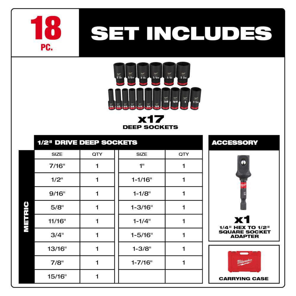 SHOCKWAVE Impact Duty 1/2 Inch Deep SAE 6 Point Socket Set 18pc 49-66-7093