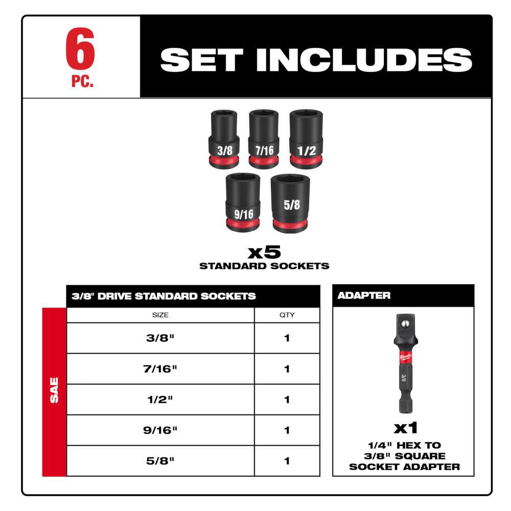 SHOCKWAVE Impact Duty 3/8in Drive SAE Standard Socket Set 6pc 49-66-7035