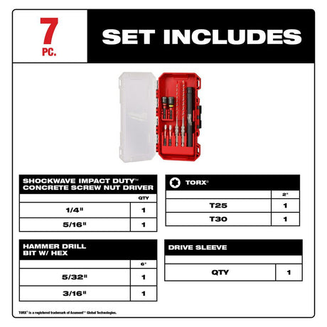 SHOCKWAVE Impact Duty Carbide Hammer Drill Bit Concrete Screw Install Kit 7pc 48-20-9097