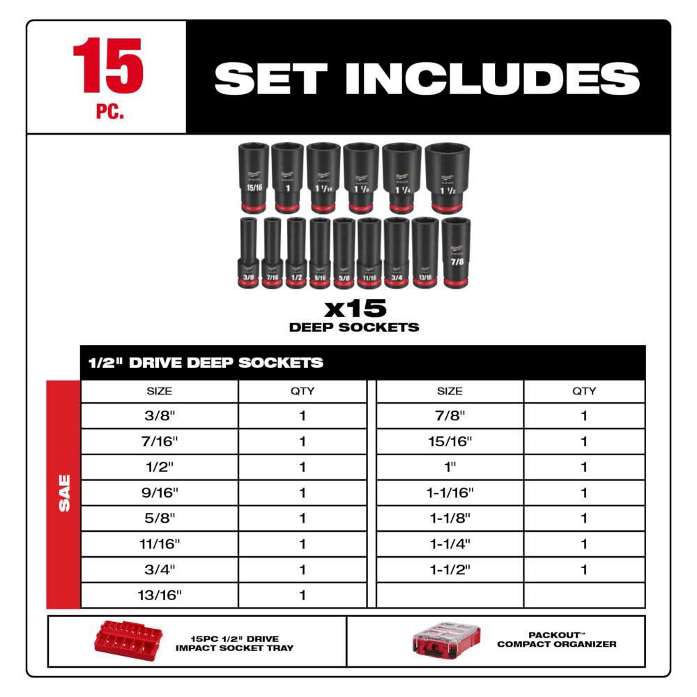 SHOCKWAVE Impact Duty Socket 1/2 Dr 15pc SAE PACKOUT Set 49-66-6802