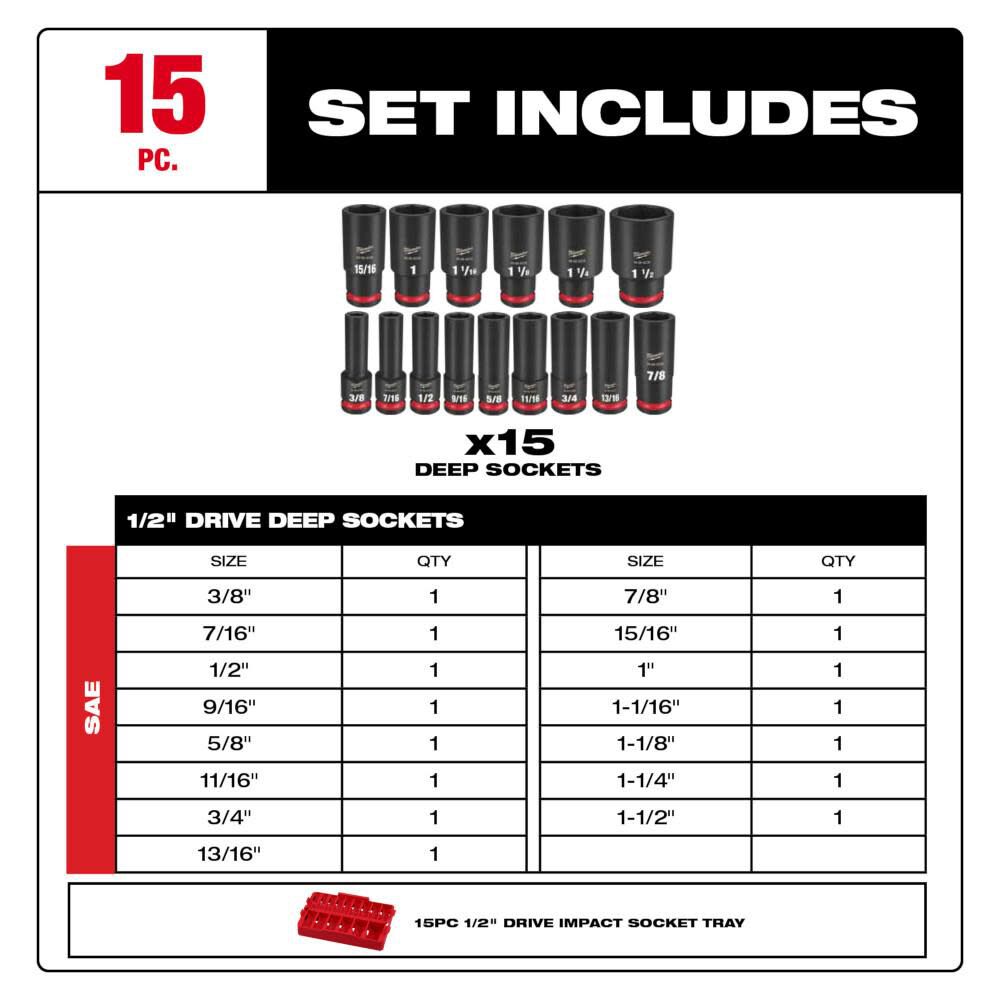 SHOCKWAVE Impact Duty Socket 1/2 Dr 15pc SAE Tray Set 49-66-6817