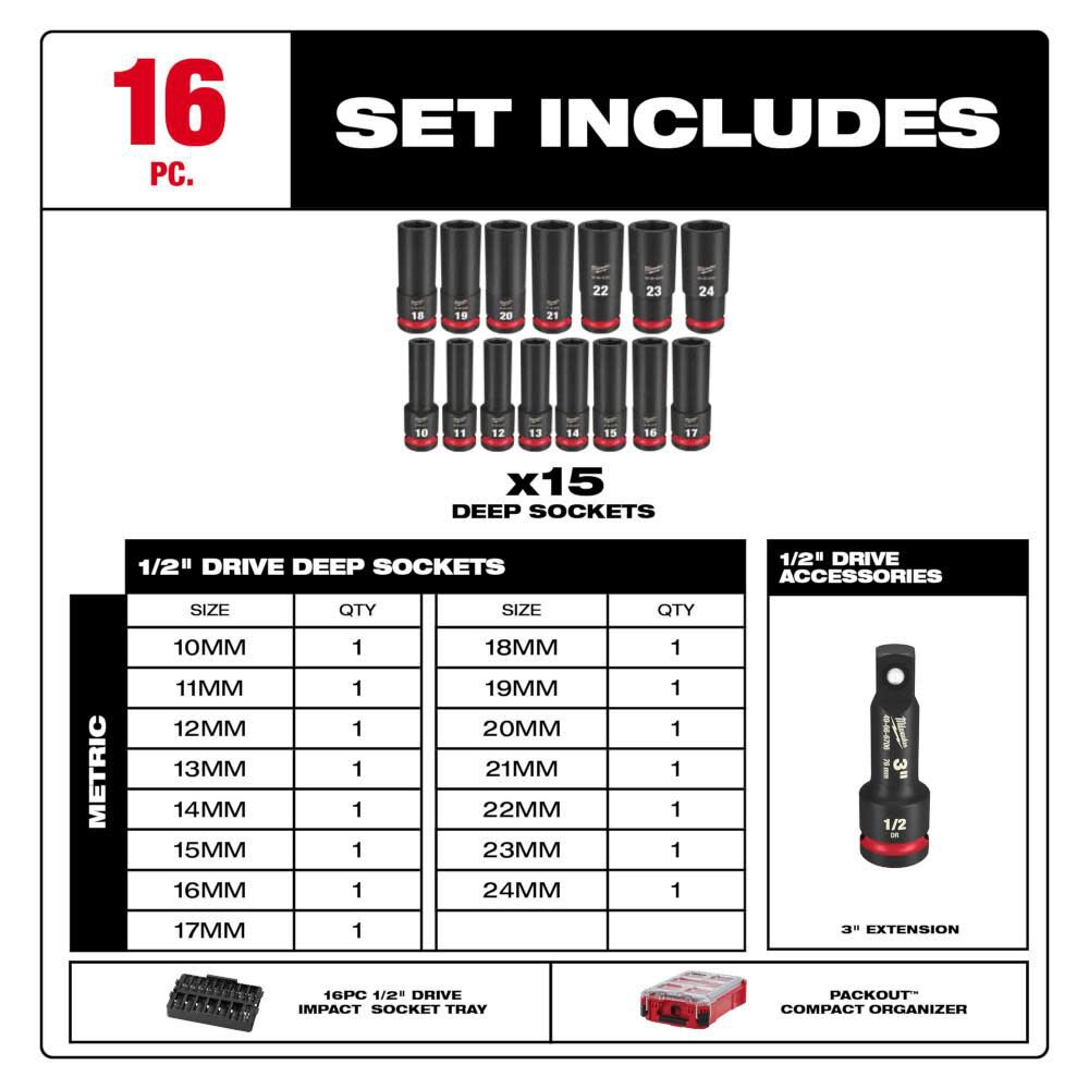 SHOCKWAVE Impact Duty Socket 1/2 Dr 16pc MM PACKOUT Set 49-66-6803