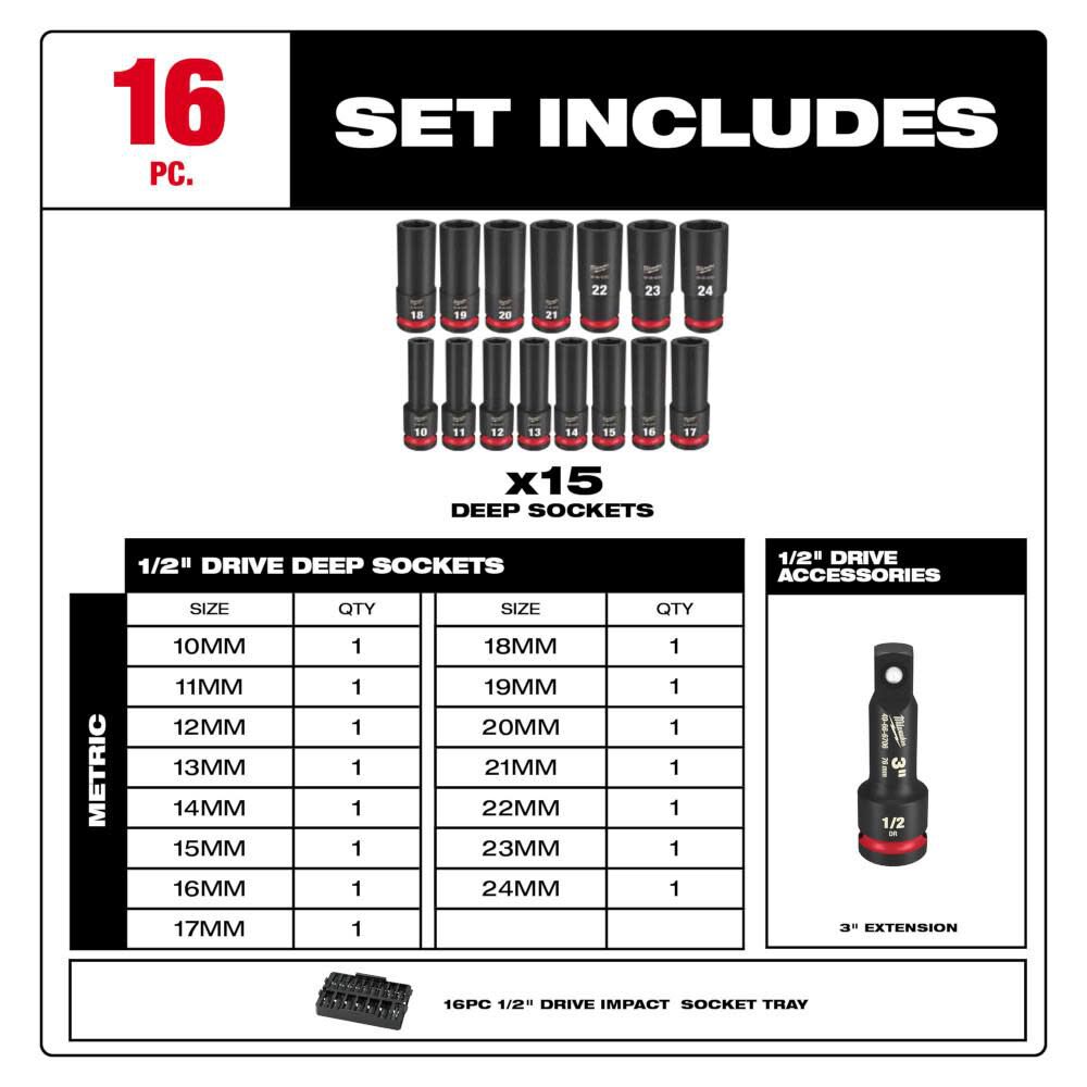 SHOCKWAVE Impact Duty Socket 1/2 Dr 16pc MM Tray Set 49-66-6818