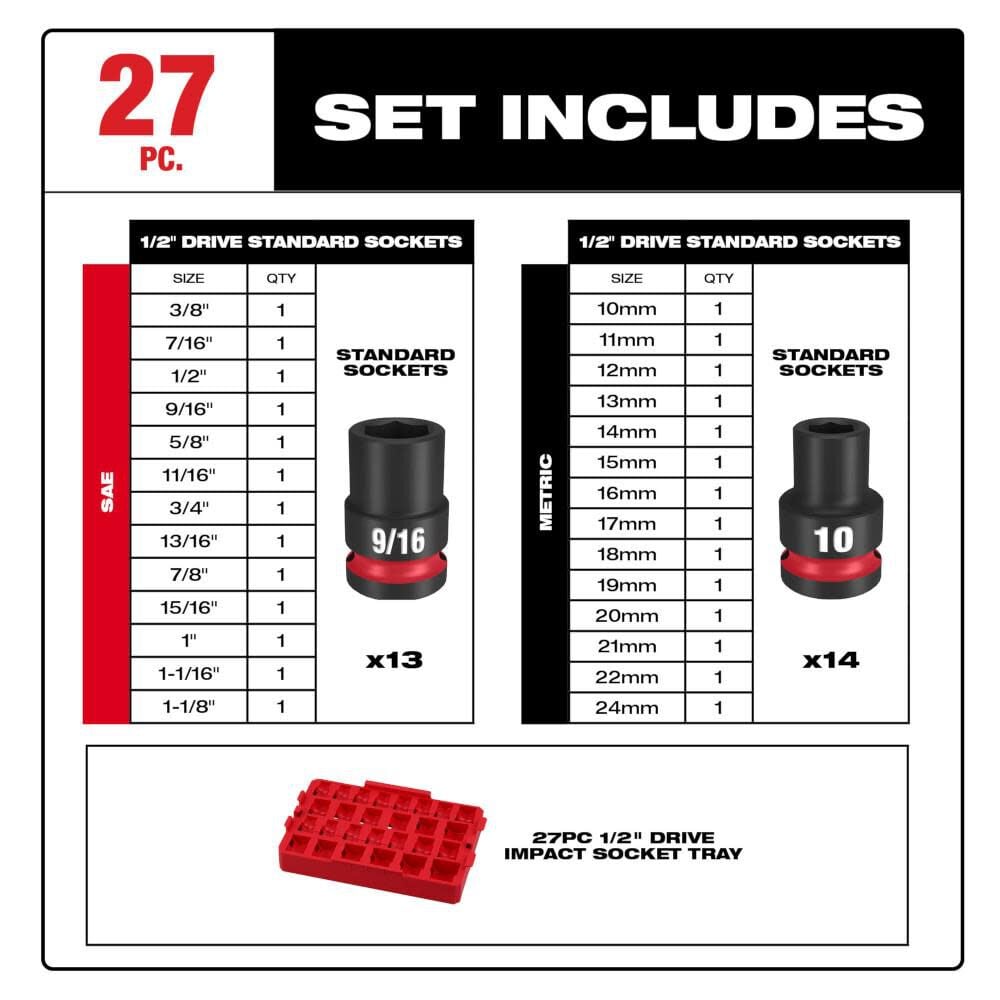 SHOCKWAVE Impact Duty Socket 1/2 Dr 27pc SAE/MM Tray Set 49-66-6819