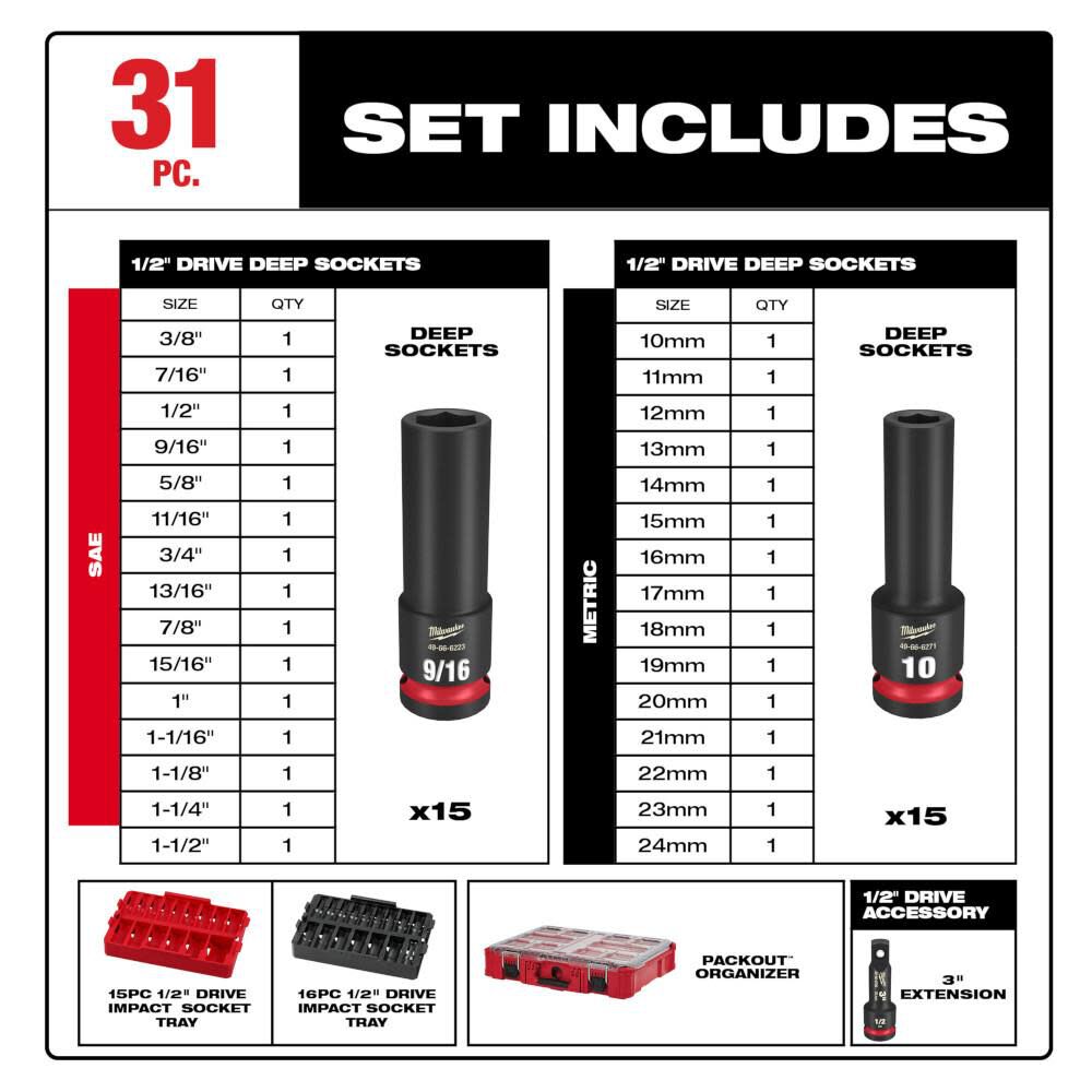 SHOCKWAVE Impact Duty Socket 1/2 Dr SAE/MM PACKOUT Set 31pc 49-66-6806