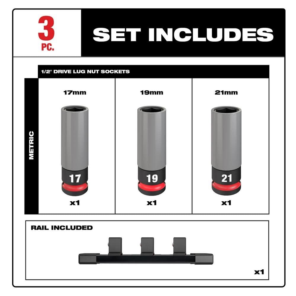 SHOCKWAVE Impact Duty Socket 1/2 Drive Metric 3PC Lug Nut Wheel Set 49-66-7830