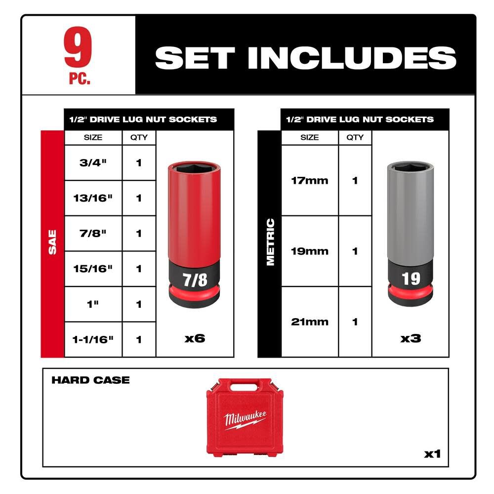 SHOCKWAVE Impact Duty Socket 1/2 Drive SAE & Metric 9PC Lug Nut Wheel Set 49-66-7832