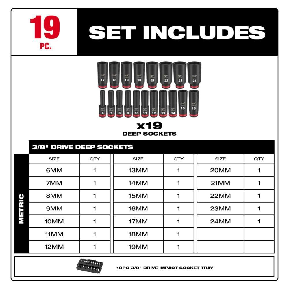 SHOCKWAVE Impact Duty Socket 3/8 Dr 19pc MM Tray Set 49-66-6816