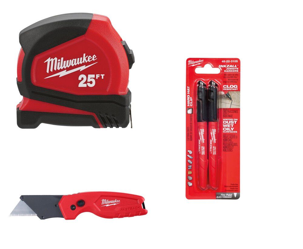 Tape Measure 25' Utility Knife and INKZALL Marker 2pk Bundle 48-22-6625-1500-3105