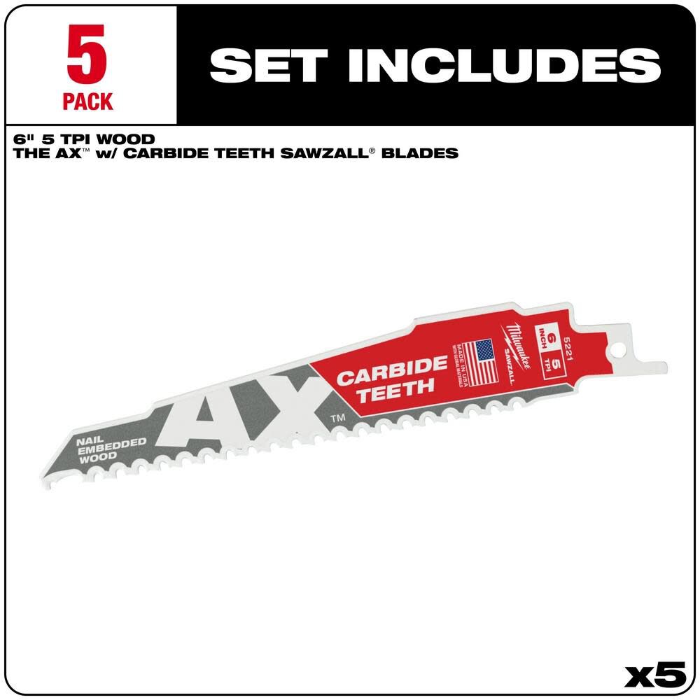 The Ax with Carbide Teeth SAWZALL Blade 6 in. 5T 5PK 48-00-5521