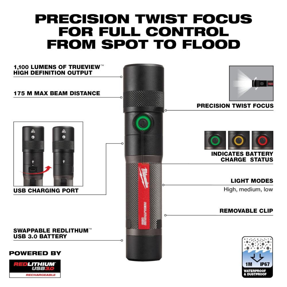 USB Rechargeable 1100L Twist Focus Flashlight 2161-21