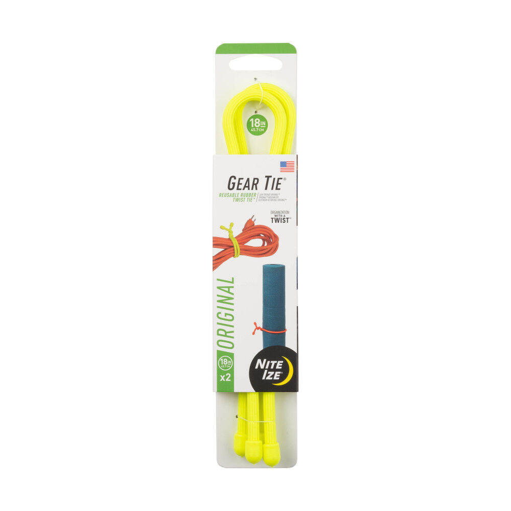 Gear Tie Reusable Rubber Twist Tie 18in 2 Pk Neon Yellow GT18-33-2R3